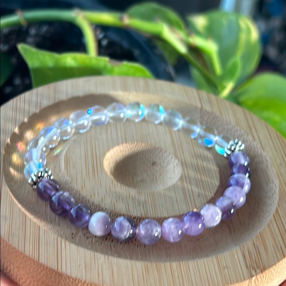 Handmade Amethyst + Aura Quartz Beaded Bracelet